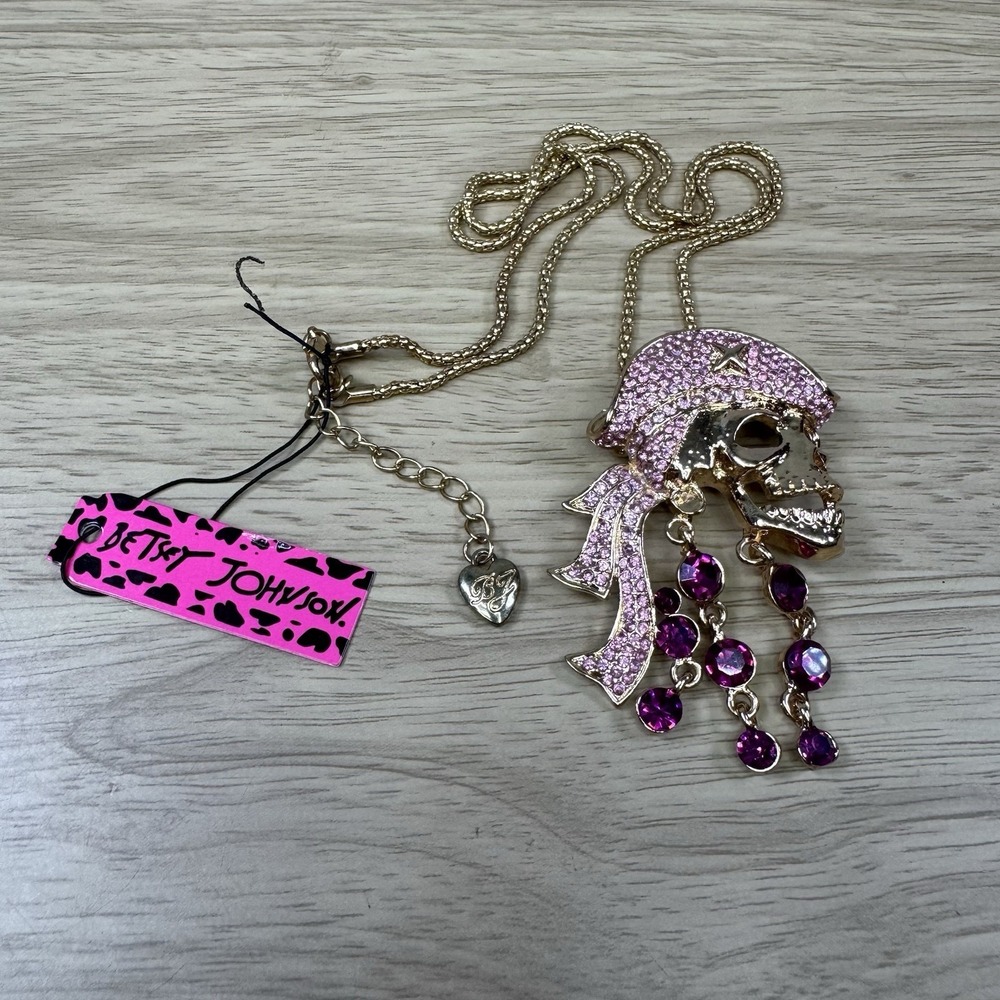 NEW Betsey Johnson Crystals Pirate Skull Pendant Brooch Gold Necklace